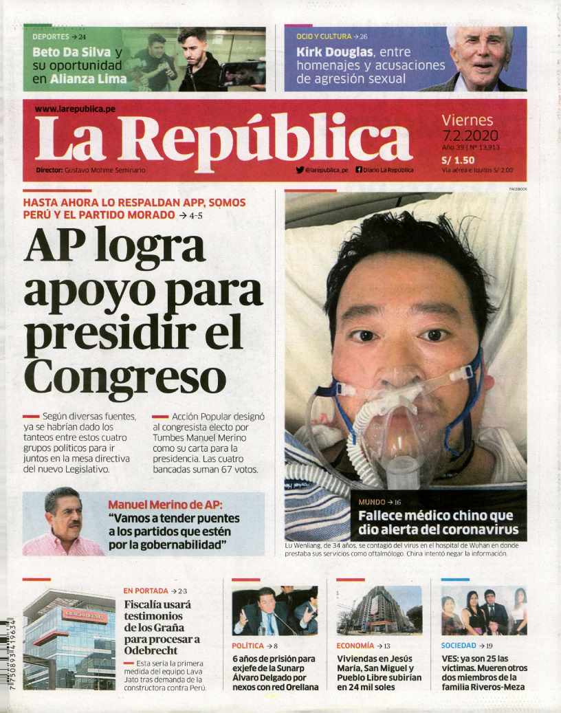 PORTADAS DE PRINCIPALES DIARIOS A NIVEL NACIONAL – VIERNES 07 DE FEBRERO DE  2020 – RCR Peru