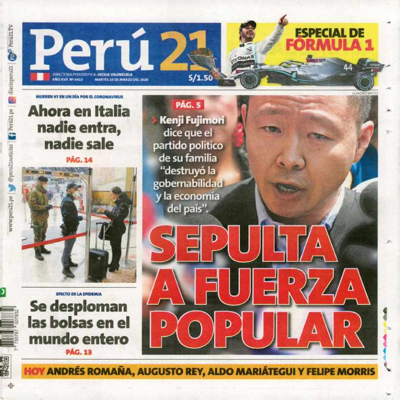 PORTADAS DE PRINCIPALES DIARIOS A NIVEL NACIONAL Y REGIONAL – MARTES 10 DE  MARZO DE 2020 – RCR Peru