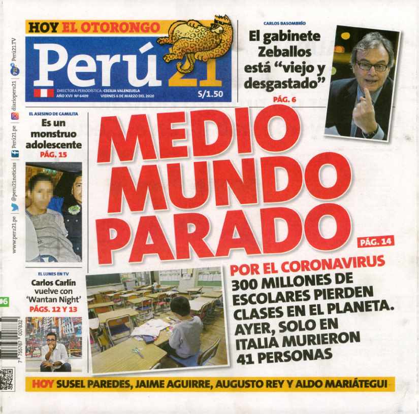 PORTADAS DE PRINCIPALES DIARIOS A NIVEL NACIONAL Y REGIONAL – VIERNES 06 DE  MARZO DE 2020 – RCR Peru