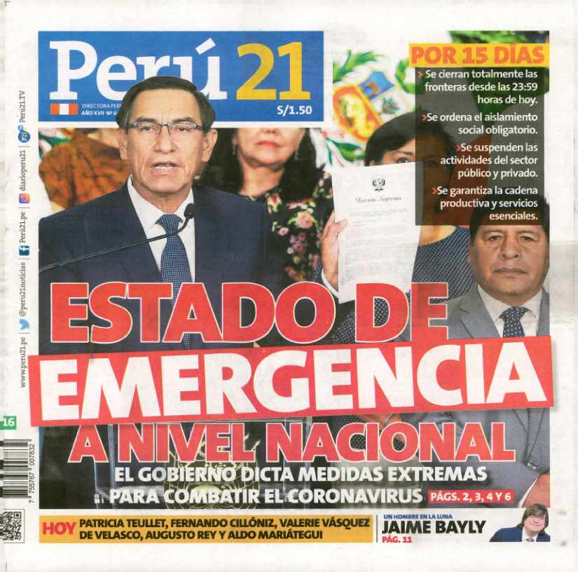 PORTADAS DE PRINCIPALES DIARIOS A NIVEL NACIONAL Y REGIONAL – LUNES 16 DE  MARZO DE 2020 – RCR Peru