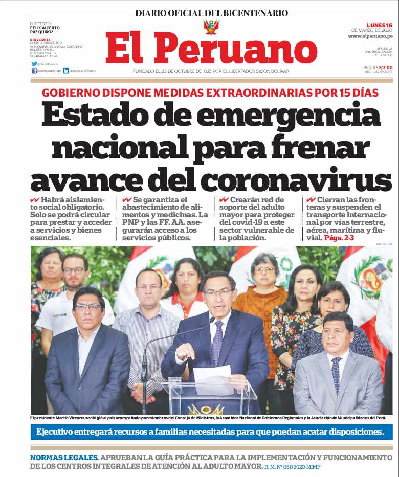 PORTADAS DE PRINCIPALES DIARIOS A NIVEL NACIONAL Y REGIONAL – LUNES 16 DE  MARZO DE 2020 – RCR Peru