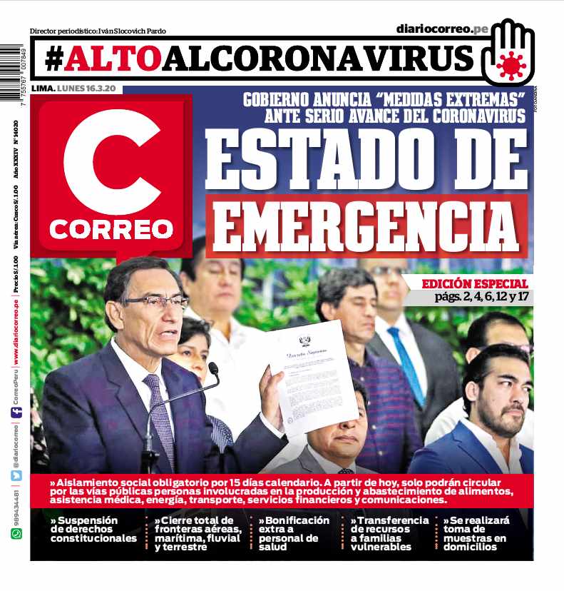 PORTADAS DE PRINCIPALES DIARIOS A NIVEL NACIONAL Y REGIONAL – LUNES 16 DE  MARZO DE 2020 – RCR Peru