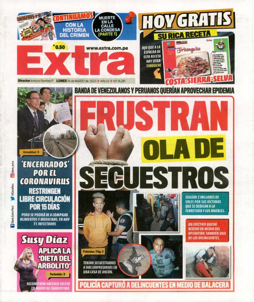 PORTADAS DE PRINCIPALES DIARIOS A NIVEL NACIONAL Y REGIONAL – LUNES 16 DE  MARZO DE 2020 – RCR Peru