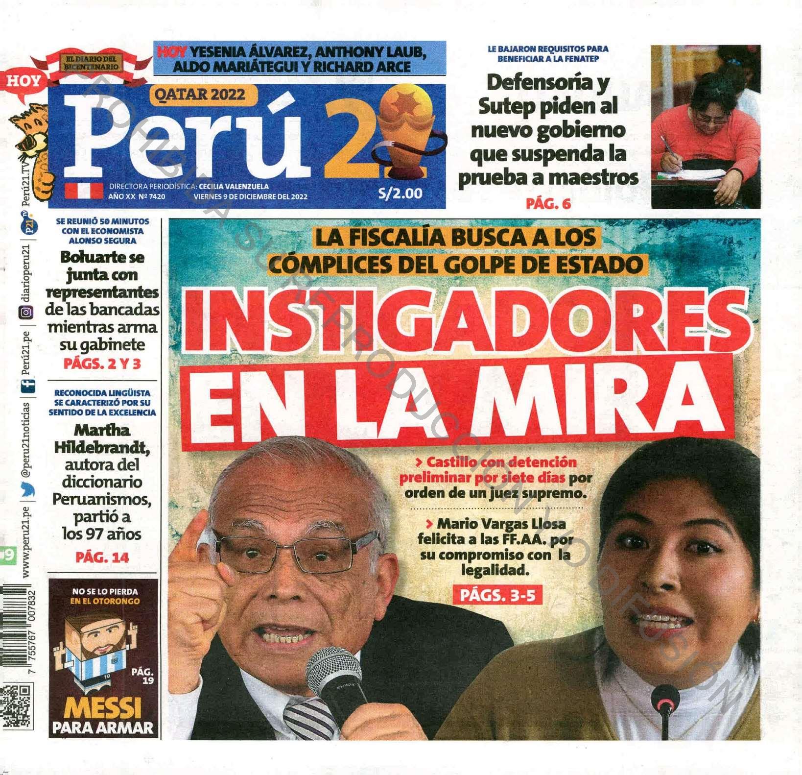 PORTADAS DE PRINCIPALES DIARIOS A NIVEL NACIONAL Y REGIONAL – VIERNES 09 DE  DICIEMBRE DE 2022 – RCR Peru