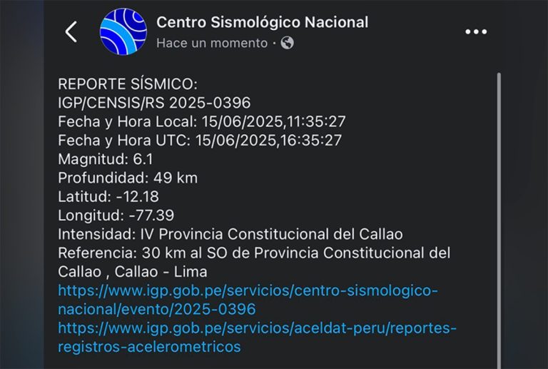 FUERTE SISMO DE MAGNITUD 6.1 ALARMA A LA POBLACIÓN EN LIMA