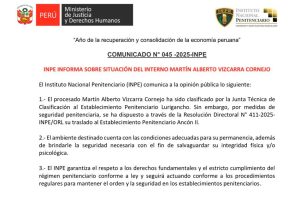 INPE INFORMA SOBRE SITUACIÓN DEL INTERNO MARTÍN ALBERTO VIZCARRA CORNEJO